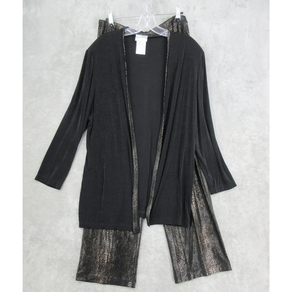 Joseph Ribkoff Pant Set Womens 16 Gold Snake Cardigan Wide Leg Slinky Knit Black